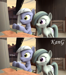 Size: 1920x2164 | Tagged: safe, artist:kmg0047, limestone pie, marble pie, earth pony, pony, g4, 2 panel comic, 3d, comic, computer, computer reaction faces, gmod, reaction image, whoa