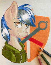 Size: 3004x3851 | Tagged: safe, artist:emberslament, oc, oc only, oc:bravery, pony, bust, clothes, colored pencils, high res, male, pencil, photo, portrait, solo, stallion, traditional art