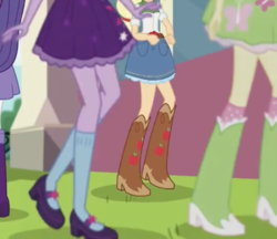 Size: 927x802 | Tagged: safe, screencap, applejack, fluttershy, rarity, sci-twi, twilight sparkle, equestria girls, equestria girls specials, g4, my little pony equestria girls: dance magic, boots, clothes, cowboy boots, cropped, denim skirt, grass, high heel boots, legs, mary janes, pictures of legs, raised leg, shoes, skirt, skirt shot, socks