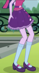 Size: 578x1080 | Tagged: safe, screencap, sci-twi, twilight sparkle, equestria girls, equestria girls specials, g4, my little pony equestria girls: dance magic, clothes, cropped, female, fence, legs, mary janes, parking lot, pictures of legs, ponytail, sci-twi outfits, shoes, skirt, socks, solo, tree