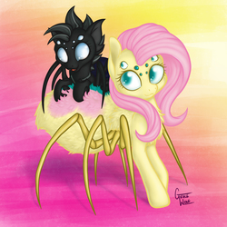 Size: 1700x1700 | Tagged: safe, artist:gracewolf, fluttershy, oc, oc:crucible, changeling, monster pony, original species, spider, spiderling, spiderpony, g4, cute, cuteling, fluffy, shyabetes, species swap, spidershy