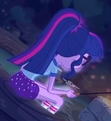 Size: 259x283 | Tagged: safe, screencap, sci-twi, twilight sparkle, equestria girls, g4, my little pony equestria girls: legend of everfree, ass, butt, camp everfree outfits, clothes, cropped, female, glasses, log, rear view, sci-twibutt, shorts, socks, solo, twibutt