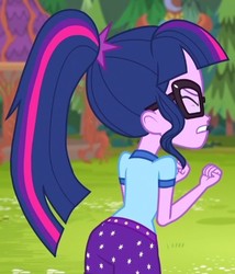 Size: 492x575 | Tagged: safe, screencap, sci-twi, twilight sparkle, equestria girls, g4, my little pony equestria girls: legend of everfree, ass, butt, camp everfree outfits, clothes, cropped, eyes closed, female, glasses, sci-twibutt, shorts, solo, tree