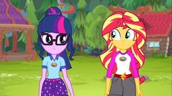 Size: 1100x618 | Tagged: safe, screencap, sci-twi, sunset shimmer, twilight sparkle, equestria girls, g4, my little pony equestria girls: legend of everfree, camp everfree outfits, clothes, crescent moon, glasses, moon, shorts, sun, totem pole, tree