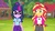 Size: 1100x618 | Tagged: safe, screencap, sci-twi, sunset shimmer, twilight sparkle, equestria girls, g4, my little pony equestria girls: legend of everfree, camp everfree outfits, clothes, crescent moon, glasses, moon, shorts, sun, totem pole, tree