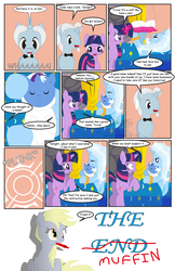 Size: 792x1224 | Tagged: safe, artist:dekomaru, derpy hooves, trixie, twilight sparkle, oc, oc:iniduoh, oc:nebula, pony, unicorn, comic:the greatest gift, g4, baby, baby pony, bed, comic, female, lesbian, magical lesbian spawn, male, mare, offspring, parent:trixie, parent:twilight sparkle, parents:twixie, ship:twixie, shipping, stallion, swaddling, teleportation, this will end in pain