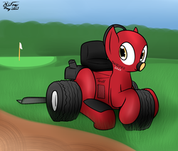 Size: 1329x1132 | Tagged: safe, artist:the-furry-railfan, oc, oc only, oc:geoff the sand pro, object pony, original species, wheelpone, badumsquish approved, flag, golf course, grass, ponified, sand, solo