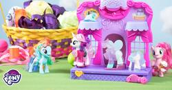 Size: 1200x628 | Tagged: safe, pinkie pie, rainbow dash, rarity, pony, g4, official, brushable, irl, my little pony logo, photo, toy