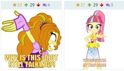 Size: 480x276 | Tagged: safe, edit, adagio dazzle, sour sweet, derpibooru, equestria girls, equestria girls specials, g4, my little pony equestria girls: dance magic, clothes, crystal, freckles, gloves, jewelry, juxtaposition, meme, meta, open mouth, ponytail, simple background, skirt, white background, yelling