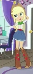 Size: 173x387 | Tagged: safe, screencap, applejack, equestria girls, equestria girls specials, g4, my little pony equestria girls: dance magic, boots, chair, clothes, cowboy boots, cowboy hat, cowgirl, cropped, cute, denim skirt, female, hat, pose, skirt, solo, stetson