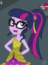 Size: 356x480 | Tagged: safe, screencap, sci-twi, twilight sparkle, equestria girls, equestria girls specials, g4, my little pony equestria girls: dance magic, arm behind back, clothes, cropped, dress, female, glasses, open mouth, ponytail, sarcasm, skirt, sleeveless, solo, teletoon