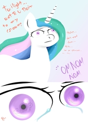 Size: 821x1141 | Tagged: safe, artist:elenminah, princess celestia, twilight sparkle, alicorn, pony, g4, :|, comic, crown, crying, eating, eye, eyes, female, jewelry, mare, nom, pica, pure unfiltered evil, reflection, regalia, stahp, wat, wide eyes
