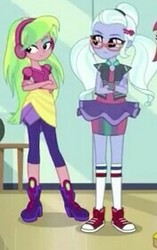 Size: 176x280 | Tagged: safe, screencap, lemon zest, sugarcoat, equestria girls, equestria girls specials, g4, my little pony equestria girls: dance magic, boots, clothes, converse, cropped, crossed arms, glasses, headphones, high heel boots, leggings, pants, pigtails, shoes, skirt, sneakers, socks, twintails