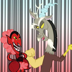 Size: 4152x4167 | Tagged: safe, artist:vmkhappy-panda, discord, g4, abstract background, absurd resolution, crossover, duo, him, the powerpuff girls