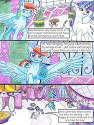 Size: 1024x1365 | Tagged: safe, artist:tillie-tmb, rainbow dash, rarity, pony, comic:the amulet of shades, g4, carousel boutique, comic, magic, traditional art, underhoof