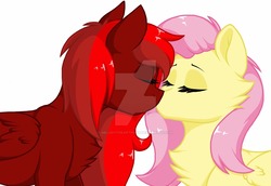 Size: 1024x705 | Tagged: safe, artist:melodytheartpony, fluttershy, oc, pony, g4, canon x oc, duo, kissing, simple background, watermark, white background