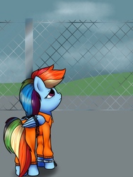 Size: 768x1024 | Tagged: safe, artist:globug100art, rainbow dash, pony, g4, bound wings, chains, clothes, cuffs, female, fence, jail, prison, prison outfit, prisoner, prisoner rd, shackles, solo