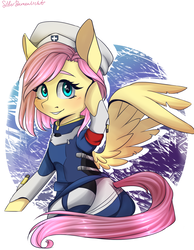 Size: 1400x1800 | Tagged: safe, artist:silbersternenlicht, fluttershy, pony, g4, abstract background, clothes, crossover, cute, female, hat, looking at you, mare, mercy, mercyshy, overwatch, shyabetes, smiling, solo, uniform