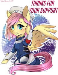 Size: 1400x1800 | Tagged: safe, artist:silbersternenlicht, fluttershy, pony, g4, clothes, crossover, cute, female, hat, looking at you, mare, mercy, mercyshy, overwatch, shyabetes, smiling, solo, uniform