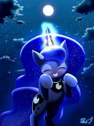 Size: 1200x1600 | Tagged: safe, artist:phoenixperegrine, princess luna, pony, g4, bipedal, blushing, caramelldansen, chibi, cute, eyes closed, female, lunabetes, moon, rearing, smiling, solo, tongue out