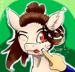 Size: 1661x1581 | Tagged: safe, artist:excarnis, oc, oc only, pony, boop, disembodied hand, hand, solo, tongue out