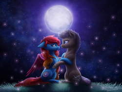 Size: 1024x768 | Tagged: safe, artist:novaintellus, oc, oc only, oc:andromeda, oc:moon cake, earth pony, pegasus, pony, female, full moon, looking at each other, male, mare, moon, night, night sky, oc x oc, shipping, sitting, smiling, stallion, starry night, stars, straight
