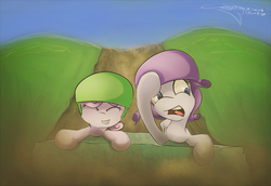 Size: 1454x1000 | Tagged: safe, artist:ferasor, rarity, sweetie belle, pony, unicorn, forever filly, g4, duo, eyes closed, female, filly, helmet, hill, mare, path, signature, sisters, slab, sliding, smiling, yelling