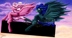 Size: 1500x795 | Tagged: safe, artist:jamescorck, oc, oc only, oc:gaillen, oc:mary sue, alicorn, pegasus, pony, alicorn oc, censor bar, censored, cloud, commission, duo, female, large wings, male, mare, sky, smiling, spread wings, stallion, wings