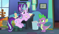 Size: 1280x738 | Tagged: safe, screencap, spike, starlight glimmer, dragon, every little thing she does, g4, desk, discovery family logo, grin, smiling, starlight's room