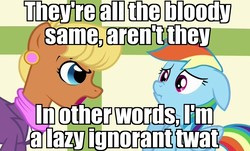 Size: 1202x728 | Tagged: safe, edit, edited screencap, screencap, ms. harshwhinny, rainbow dash, pony, flight to the finish, g4, angry, cute, dashabetes, ear piercing, earring, eye contact, floppy ears, frown, getting real tired of your shit, glare, image macro, jewelry, jonathan pie, looking at each other, meme, nose wrinkle, open mouth, piercing, sad, scrunchy face