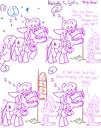 Size: 1280x1611 | Tagged: safe, artist:adorkabletwilightandfriends, berry punch, berryshine, spike, twilight sparkle, dragon, earth pony, pony, comic:adorkable twilight and friends, g4, adorkable twilight, comic, drunk, lineart, passed out, ponies riding ponies, riding, slice of life