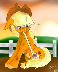 Size: 811x1000 | Tagged: safe, artist:zeezou2, applejack, earth pony, pony, g4, bandage, chest fluff, female, fence, floppy ears, hat, hill, injured, mare, signature, sitting, solo, sun, sunset, unshorn fetlocks