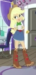 Size: 197x401 | Tagged: safe, screencap, applejack, equestria girls, equestria girls specials, g4, my little pony equestria girls: dance magic, arm behind back, boots, chair, clothes, cowboy hat, cropped, cute, denim skirt, door, female, hat, raised leg, skirt, smiling, solo, stetson