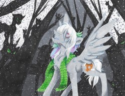 Size: 815x625 | Tagged: safe, artist:frozensoulpony, oc, oc only, oc:sundance tinker, changeling, pegasus, pony, clothes, female, mare, offspring, parent:rainbow dash, parent:thunderlane, parents:thunderdash, scarf, snow, solo, spread wings, traditional art, tree, wings