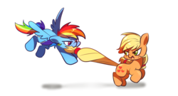 Size: 1301x701 | Tagged: safe, artist:sion-ara, applejack, rainbow dash, earth pony, pegasus, pony, g4, duo, flying, missing accessory, mouth hold, simple background, tail pull, white background