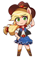 Size: 701x1001 | Tagged: safe, artist:sion-ara, applejack, equestria girls, g4, beautiful, chibi, clothes, cowboy hat, cowgirl, cute, female, freckles, hat, looking at you, ponied up, pony ears, simple background, smiling, solo, stetson