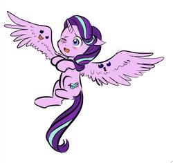 Size: 574x543 | Tagged: safe, artist:kiwi, starlight glimmer, alicorn, pony, g4, alicornified, blushing, context is for the weak, female, floppy ears, flying, living wings, mare, one eye closed, race swap, simple background, starlicorn, wat, white background, wings