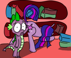 Size: 1350x1109 | Tagged: safe, artist:m_d_quill, spike, twilight sparkle, dragon, pony, unicorn, g4, accidental exposure, book, duo, female, mare, strategically covered, wide eyes