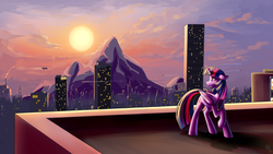 Size: 1920x1080 | Tagged: safe, artist:cosmalumi, twilight sparkle, alicorn, pegasus, pony, g4, building, city, cloud, female, floppy ears, mare, mountain, rooftop, sky, skyscraper, solo focus, sun, twilight sparkle (alicorn)
