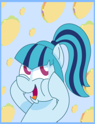 Size: 1468x1920 | Tagged: safe, artist:redrose26, sonata dusk, pony, g4, blue background, cheek squish, cute, female, food, simple background, solo, sonatabetes, sonataco, squishy cheeks, taco, that girl sure loves tacos, that pony sure does love tacos, that siren sure does love tacos