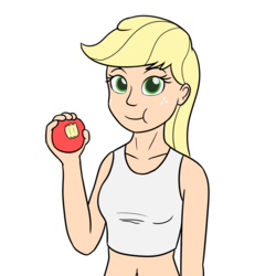 Size: 1280x1280 | Tagged: safe, artist:mkogwheel, applejack, human, g4, apple, belly button, blonde, clothes, female, food, freckles, hatless, humanized, midriff, missing accessory, simple background, solo, tank top, white background