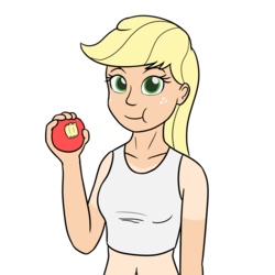 Size: 1280x1280 | Tagged: safe, artist:mkogwheel, applejack, human, g4, apple, belly button, blonde, clothes, farmer's tan, female, food, freckles, hatless, humanized, midriff, missing accessory, simple background, solo, tan, tan lines, tank top, white background