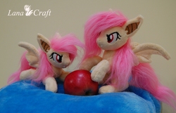 Size: 1600x1030 | Tagged: safe, artist:lanacraft, fluttershy, bat pony, pony, g4, flutterbat, irl, kittensized, photo, plushie, race swap