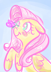 Size: 2893x4092 | Tagged: safe, artist:yasikins, fluttershy, butterfly, pony, g4, blush sticker, blushing, bust, butterfly on nose, female, floppy ears, high res, insect on nose, looking at something, portrait, smiling, solo