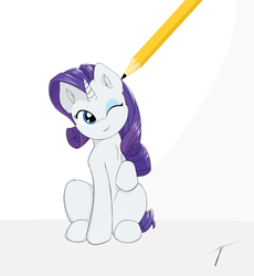 Size: 1726x1878 | Tagged: safe, artist:taxar, part of a set, rarity, pony, g4, drawn into existence, female, looking at you, one eye closed, pencil, raised hoof, simple background, sitting, smiling, solo, wink