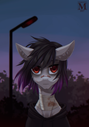 Size: 916x1300 | Tagged: safe, artist:margony, oc, oc only, pony, bandage, bandaid, bandaid on nose, blood, bruised, bust, clothes, colored pupils, commission, ear fluff, female, hoodie, lamppost, looking at you, mare, solo, tree