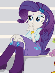 Size: 667x883 | Tagged: safe, screencap, rarity, spike, dog, equestria girls, g4, my little pony equestria girls: rainbow rocks, boots, bracelet, clothes, cropped, high heel boots, jewelry, skirt, spike the dog, stairs