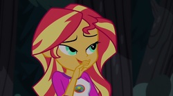 Size: 1100x618 | Tagged: safe, screencap, sunset shimmer, equestria girls, g4, my little pony equestria girls: legend of everfree, camp everfree outfits, female, lidded eyes, solo, tree