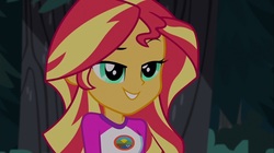 Size: 1100x618 | Tagged: safe, screencap, sunset shimmer, equestria girls, g4, my little pony equestria girls: legend of everfree, camp everfree outfits, female, lidded eyes, solo, tree