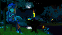 Size: 3840x2160 | Tagged: safe, artist:dj-chopin, princess luna, vice principal luna, equestria girls, g4, 3d, candle, chair, clothes, crossed legs, cup, eyes closed, female, flower, full moon, gmod, high res, moon, night, poster, river, smiling, solo, source filmmaker, stream, table, teacup, tree